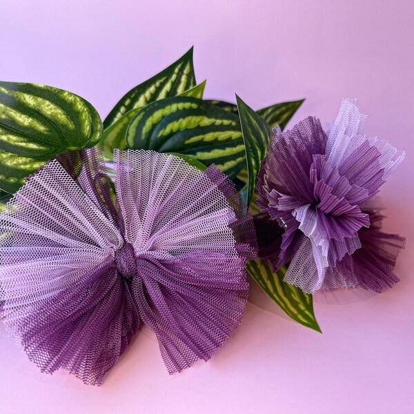 Pleated Petunia Ombré Purple Hair Bows on Clips, extra messy, messy, shredded, classic piggie bows