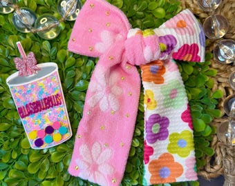 Serving up Summer— Bubblegum Flowers— fabric handtied hairbows, sewn hair bows, bow headwraps, sewn bow ties, & sewn bow clog charms
