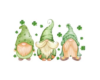 Puede incluir: Tres gnomos verdes con barbas blancas y sombreros verdes con lunares blancos. Los gnomos están de pie sobre un fondo blanco con tréboles verdes.