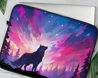 Housse pour ordinateur portable loup coloré, étui en néoprène pleine lune