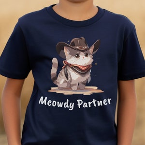 Meowdy Partner Cat Shirt For Kids. Funny Cowboy cat pun tshirt for children &quot;Meowdy partner&quot; graphic tee. Gift for cat lovers.