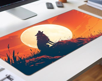 Wolf howling at the moon Gaming mousepad / mousemat, play mat, best gift for gamer or wolf lovers. (orange/red)