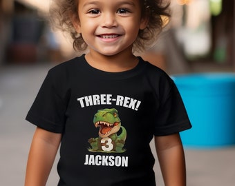 Personalized Three Rex Toddler Birthday shirt. Cute customizable dino tshirt for 3rd birthday party. bday t-shirt gift for dino lover.