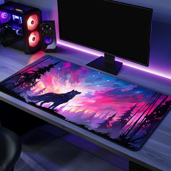 Large Wolf Mousemat. wolf with full moon and northern lights shining above a dark forest mousepad and mousemat. cool Animal deskmat