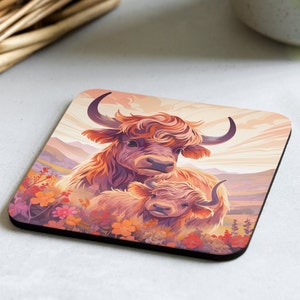 Adorable Highland cow Mom and Calf Coaster, home decoration, cute highland cow coaster.