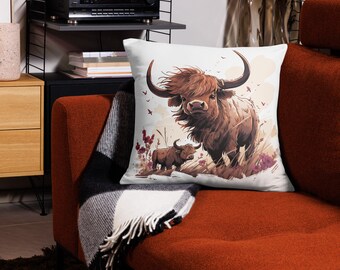 Highland Cow and Calf Throw Pillow, Scottish Landscape Home Decor