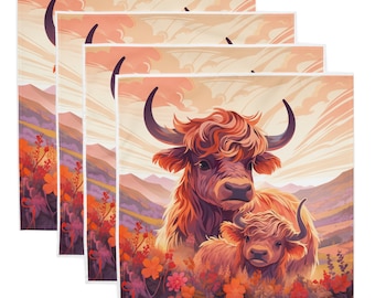 Highland Cow and Calf Cloth Napkins, Rustic Home Decor (Set of 4)