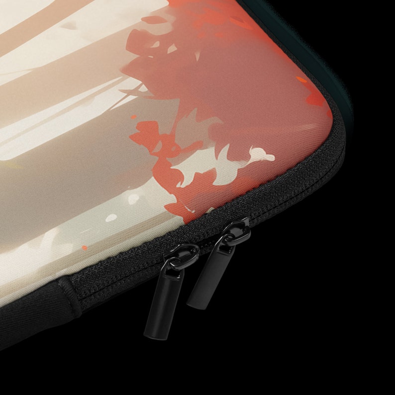 Peut inclure: Une housse pour ordinateur portable avec une fermeture &agrave; glissi&egrave;re. La housse pr&eacute;sente un motif abstrait color&eacute; avec des couleurs orange, rouge et blanche.