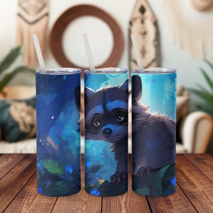 Niedlicher Waschbär-Becher aus Edelstahl. Trash Panda Metall-Wasserflasche als Geschenk für Waschbärenliebhaber. Reisebecher mit wiederverwendbarem Strohhalm und Deckel (20 Oz).