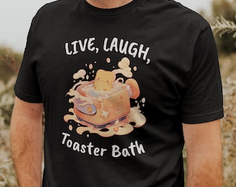 Camiseta con estampado de humor negro "Vive, ríe y baño tostador"