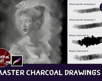 Pode incluir: Uma ilustração digital em tons de cinza de uma mulher com um lenço branco na cabeça. A imagem é intitulada "Master Charcoal Drawings" e inclui um conjunto de 25 pincéis de carvão vegetal para arte digital.
