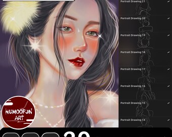 Op de afbeelding: Digitaal portret van een vrouw met lang zwart haar, rode lippen en sprankelende highlights. De afbeelding bevat het Procreate-logo, de tekst "30 Portrait Brush" en een reeks voorbeelden van portrettekeningen.