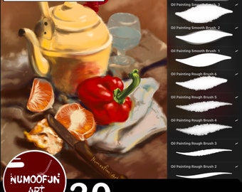 May include: A digital illustration of 30 oil paint brushes for Procreate, a digital art app. The brushes are shown as white strokes on a dark background. The image also includes a still life of a yellow teapot, red pepper, oranges, and a glass.