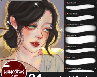 Può includere: Pennelli per arte digitale per Procreate, con un ritratto di donna con occhi verdi. L'immagine include nomi di pennelli come "Smooth Hair" e "Eyes Brush", con il testo "Numoofun Art Brushes" e il numero "24". Il numero "38" è anche visibile.