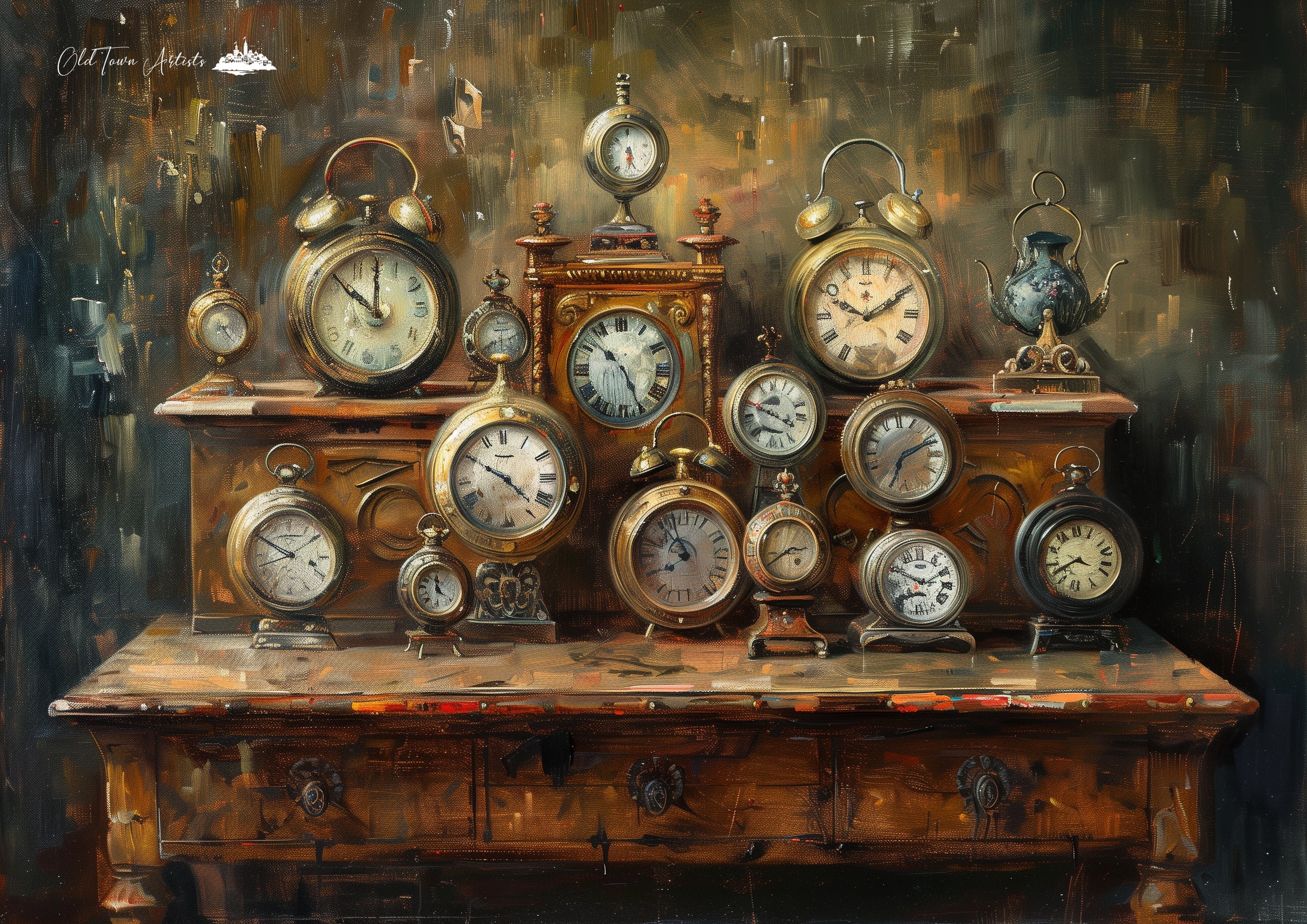 Broken Clocks Digital Art Print, Vintage Clocks Oil Painting Canvas ...