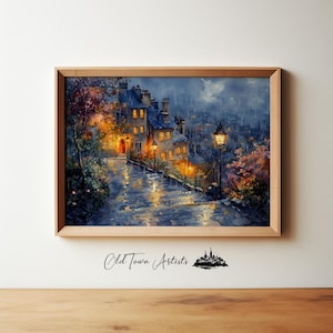 Impresión de acuarela de lluvia y adoquines, arte callejero urbano, pintura de paisaje, decoración de pared