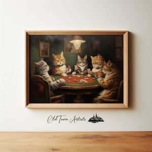 Reproduction de peinture à l'huile de chats jouant au poker, art numérique, oeuvre d'art de chat, oeuvre d'art murale de salle de jeux