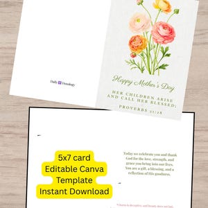 Op de afbeelding: Een 5x7 cm Moederdagkaart met een bloemenontwerp. De kaart bevat de tekst "Happy Mother's Day" en een citaat uit Spreuken 31:28. De kaart is een Canva-sjabloon die direct kan worden gedownload.