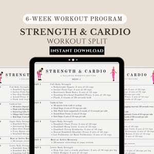 Puede incluir: Una tableta digital muestra un programa de entrenamiento de 6 semanas para fuerza y cardio, con el texto "STRENGTH & CARDIO WORKOUT SPLIT" y "INSTANT DOWNLOAD". El programa incluye ejercicios de fuerza, cardio y core.