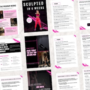 Può includere: Una guida al programma di fitness rosa e nera con il titolo "Scolpito in 6 settimane". La guida include un programma di allenamento, domande frequenti e suggerimenti per il successo.