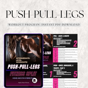 Puede incluir: Una descarga digital rosa y negra para un programa de entrenamiento de fitness de división push-pull-legs. La imagen muestra a una mujer levantando pesas y el plan de entrenamiento con descripciones para cada ejercicio.