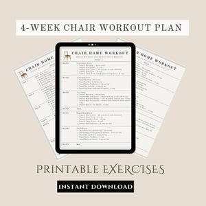 Peut inclure: Un plan d'entraînement sur chaise imprimable de 4 semaines axé sur des mouvements doux pour la perte de poids et la mobilité. Le plan d'entraînement comprend des exercices pour le haut du corps, le bas du corps et le corps entier, avec un jour de repos chaque semaine.