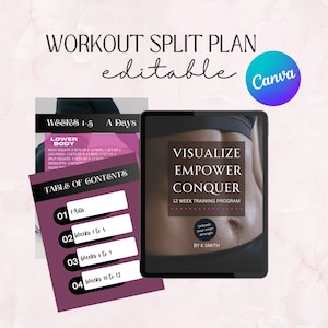 May include: A digital workout plan with the text "WORKOUT SPLIT PLAN editable" and "VISUALIZE EMPOWER CONQUER 12 WEEK TRAINING PROGRAM." Includes a table of contents and exercise details. Canva logo in the upper right.