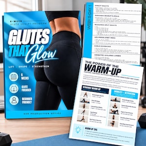 Peut inclure: Un programme de musculation des fessiers de 6 semaines intitulé Glutes That Glow, avec une couverture bleue et blanche montrant une personne en legging noir, accompagné de deux fiches d'exercices détaillant les squats et échauffements.