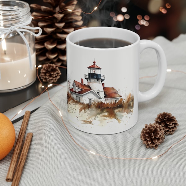 Watercolor Lighthouse Ceramic Mug, Cozy Gift, 11oz Coffee Cup