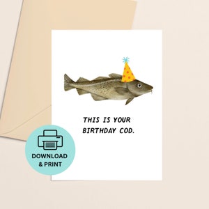 Joyeux anniversaire carte poisson, carte d'anniversaire morue, carte à imprimer, cartes mignonnes, carte d'anniversaire drôle, carte mignonne, carte de pêche, anniversaire de pêche