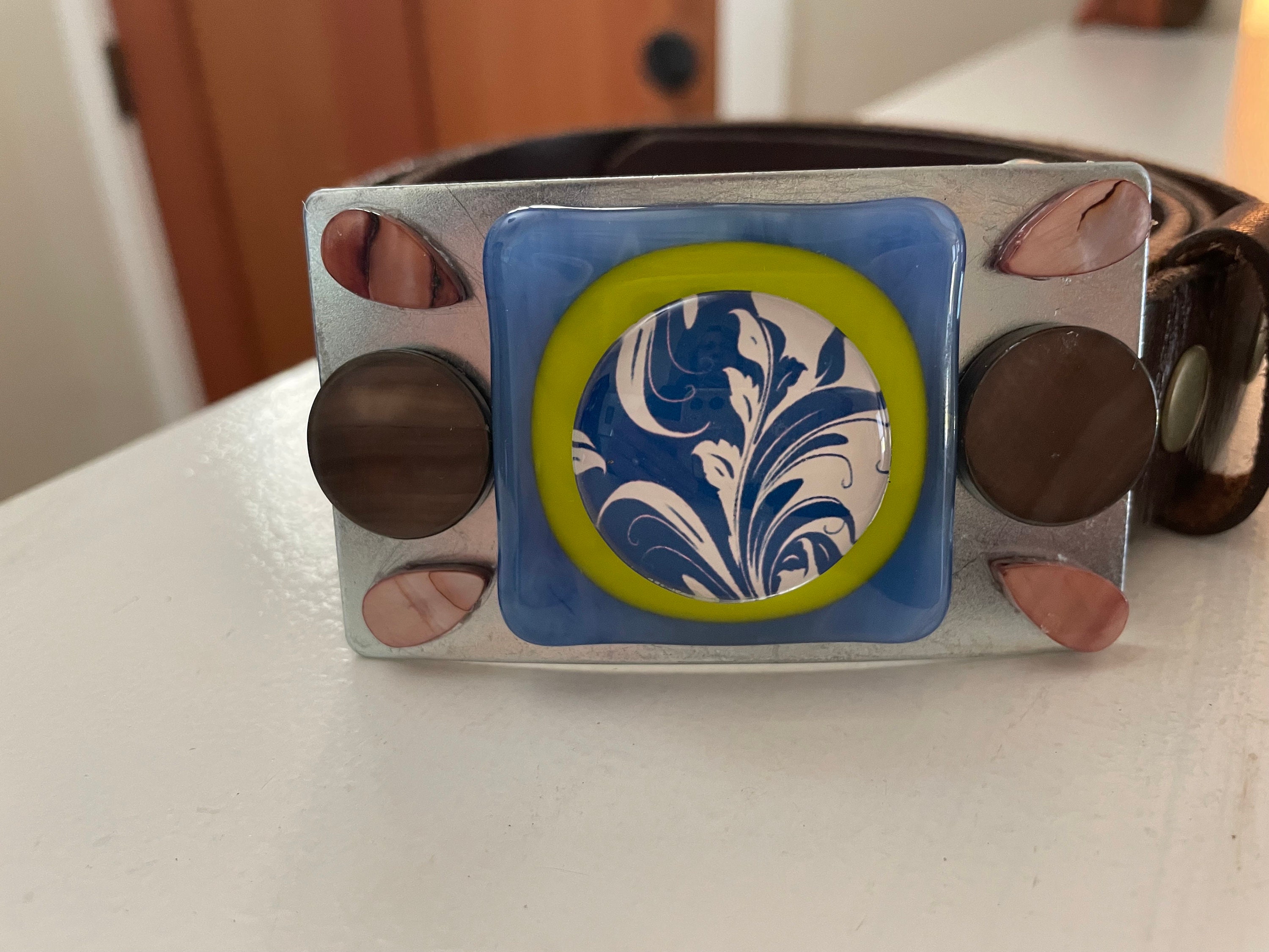 Unique Fused Blue and Green Glass Belt Buckle. Adorned With 