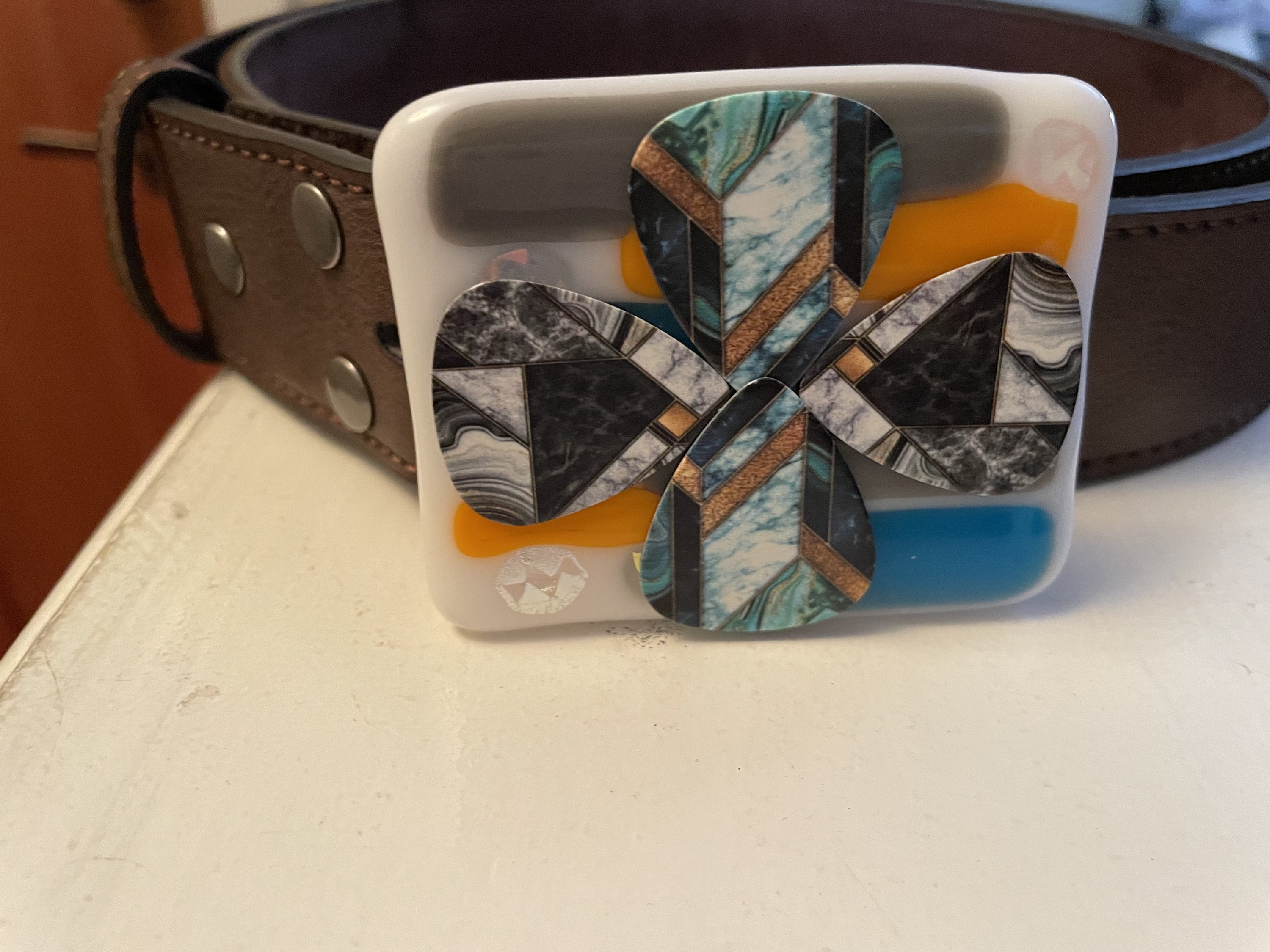Fused Glass Blue, Orange, Gray Belt Buckle. Adorned With 
