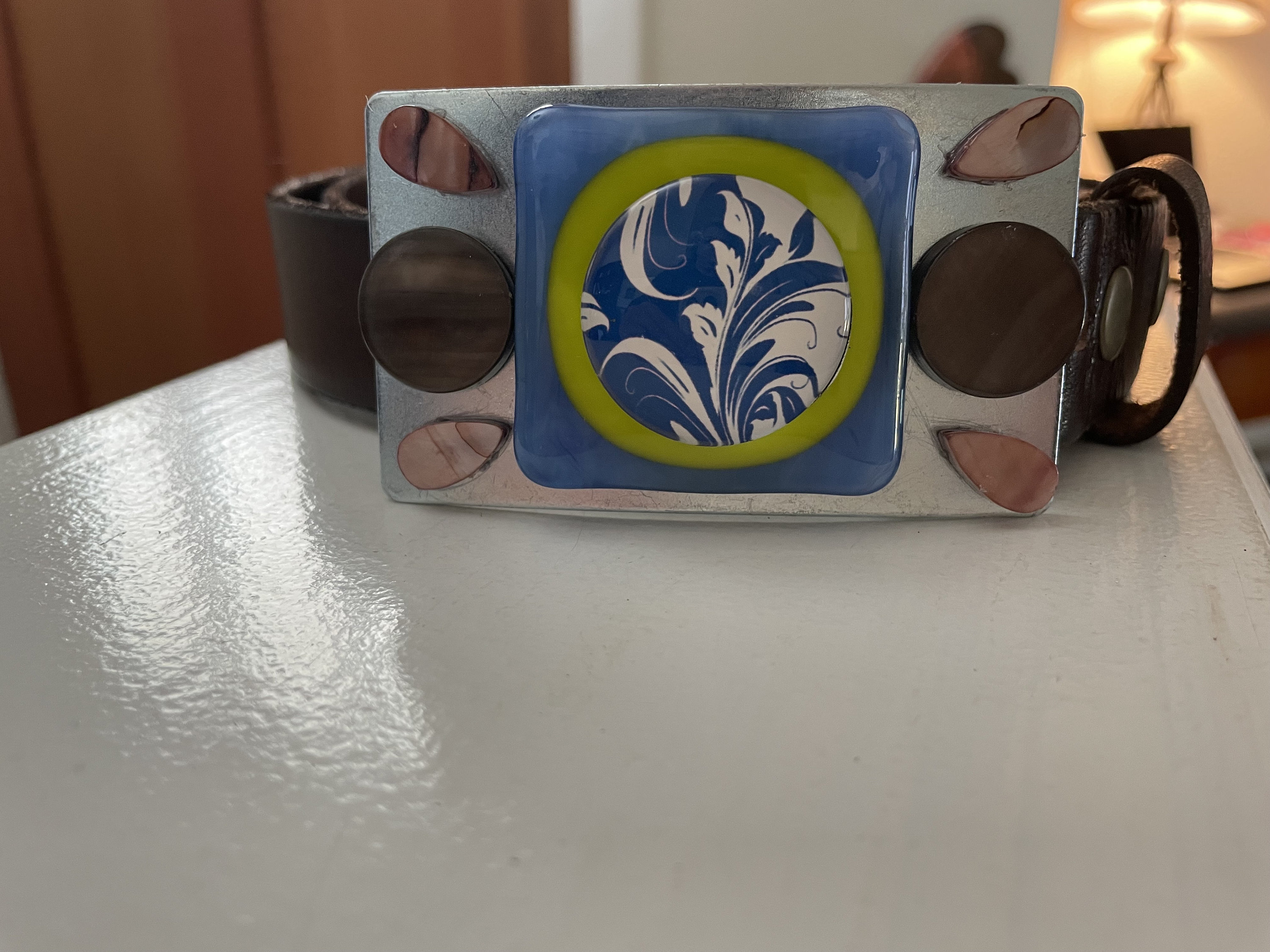 Unique Fused Blue and Green Glass Belt Buckle. Adorned With 