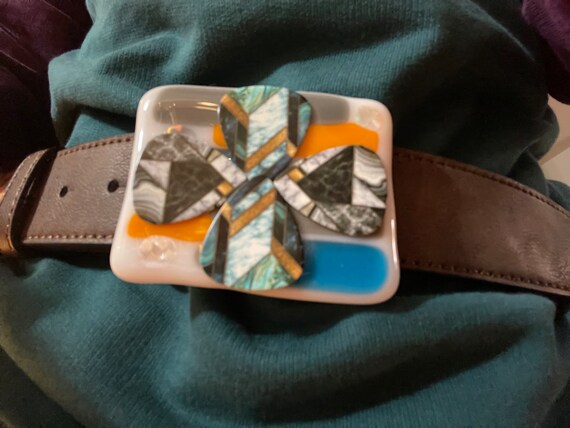 Fused Glass Blue, Orange, Gray Belt Buckle. Adorned With  display picture 2