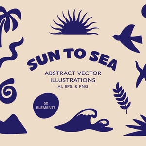 May include: A set of 50 abstract vector illustrations with a sun, sea, and beach theme. The illustrations are in a dark blue colour and include a palm tree, a wave, a bird, a starfish, a spiral, a mountain, a yin yang symbol, and various plants.