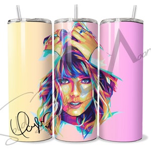 May include: Three stainless steel tumblers with a colorful pop art style image of a woman's face on the middle tumbler. The tumblers are yellow, pink, and peach.
