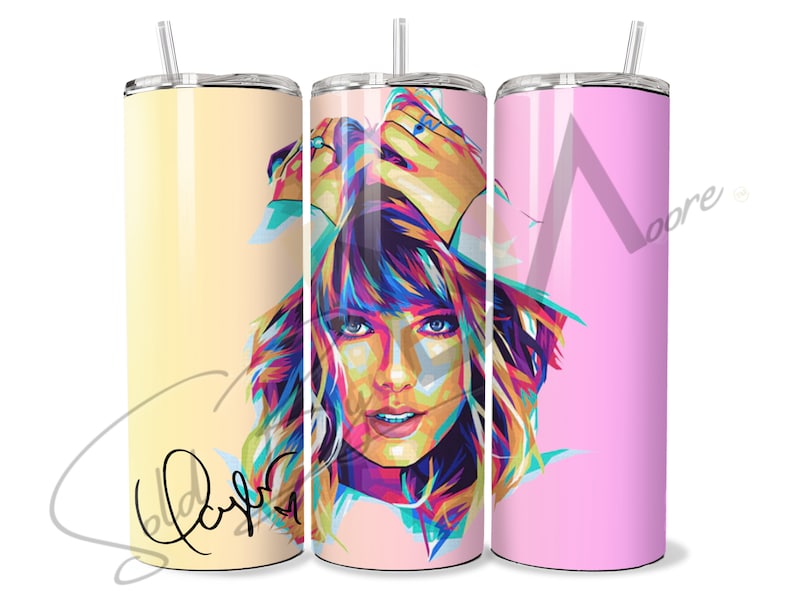 May include: Three stainless steel tumblers with a colorful pop art style image of a woman's face on the middle tumbler. The tumblers are yellow, pink, and peach.