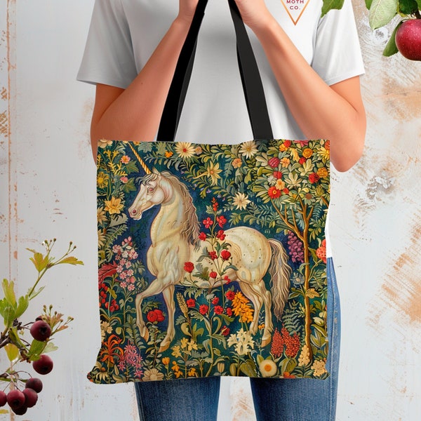 William Morris Unicorn Tote Bag AOP Dark Cottagecore Goblincore Enchanted Forest Unicorn Floral Botanical Goblin Core Magical Shopping Bag