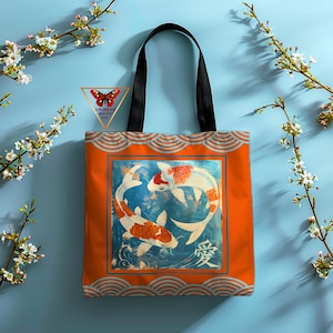 Japanese Koi Fish Tote Bag Japandi Shopping Bag Goldfish Hiroshige Ukiyoe Floral Botanical Shoulder Bag Trendy Designer Sustainable Fashion