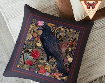 William Morris Crow Almohada Dark Cottagecore Almohada Goblincore Bosque Encantado Cuervo Bayas Floral Botánico Goblin Core INSERT INCLUIDO