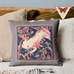 Gray and Pink Axolotl Vintage Design Ornate Botanical Throw Pillow Decorative Naturecore Pillow Folk Art Axolotl Dark Academia Pillow