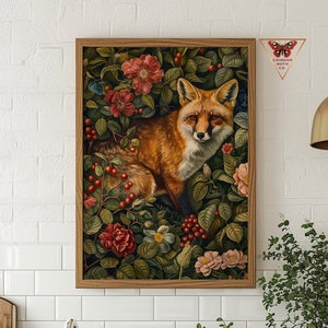 Poster in carta Premium Matte William Morris Red Fox Dark Cottagecore Goblincore Foresta incantata Floreale Botanico Fantastico Magico Fairycore