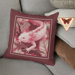 Pink and Cream Axolotl Vintage Design Ornate Botanical Throw Pillow Decorative Naturecore Pillow Folk Art Axolotl Dark Academia Pillow