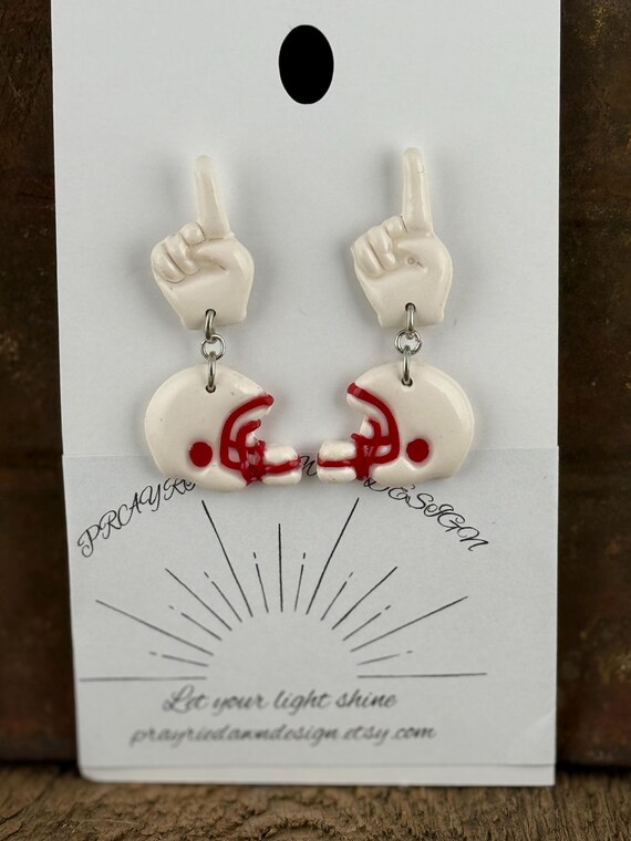 clay football helmet Handcrafted clay polymer football helmet with spirit finger dangle earring  white with red