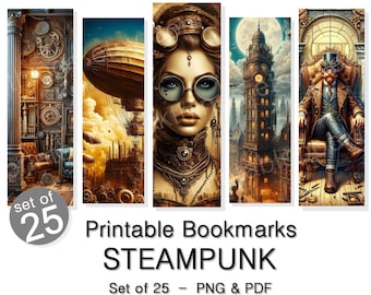 Puede incluir: Conjunto de 25 marcapáginas steampunk imprimibles con una variedad de diseños, que incluyen una mujer con gafas, una torre del reloj, una aeronave y un hombre con un sombrero de copa. Los marcapáginas están en formato PNG y PDF.
