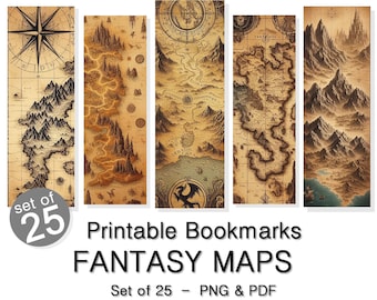 Marcapáginas imprimibles de mapas de fantasía: Set de 25 (descarga digital, PNG y PDF)