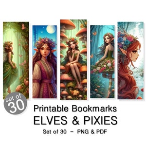 Elves and Pixies Printable Bookmarks: Fantasy Art, Set of 30 (Digital Download, PNG & PDF)