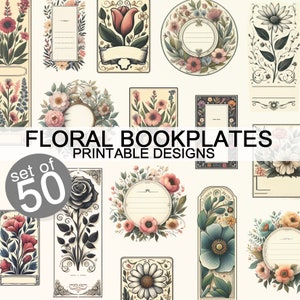 Printable Bookplates Floral Themed Ex Libris Set of 50 Bundle Digital Download Commercial Use Flower designs