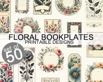 Printable Bookplates Floral Themed Ex Libris Set of 50 Bundle Digital Download Commercial Use Flower designs