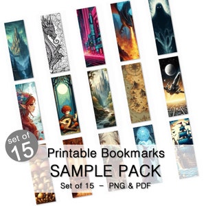 May include: A set of 15 printable bookmarks with various fantasy and sci-fi illustrations. The text "Set of 15 - PNG & PDF" is at the bottom of the image.
